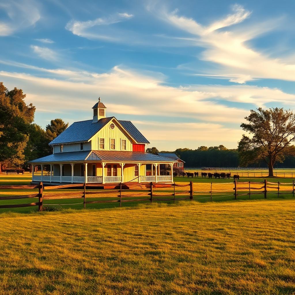 Georgia farmland with classic white farmhouse and red barn